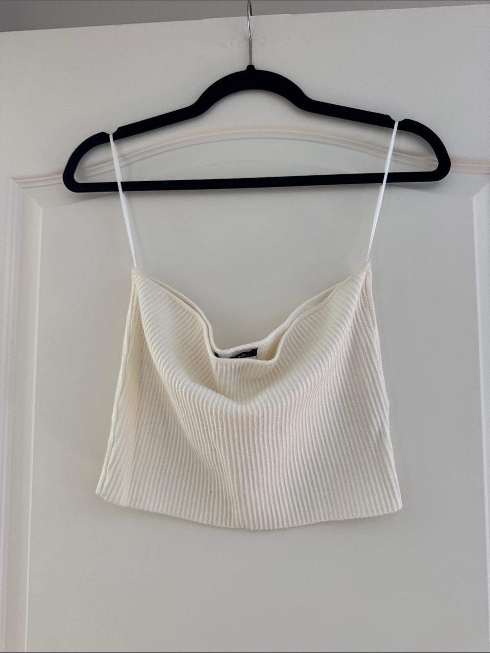 Papermoon Ribbed Cowl Neck Spaghetti Strap Crop Top - Cream